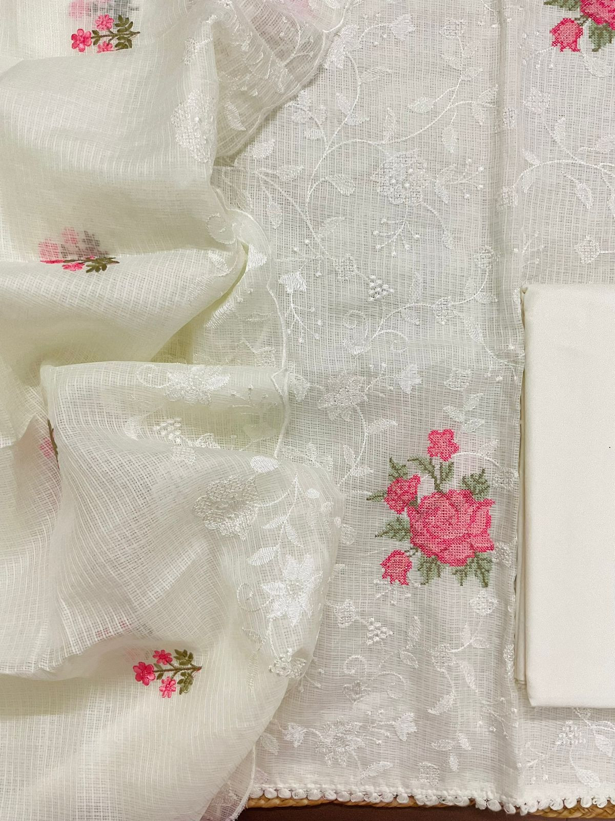 Soft Kota Silk Embroidered Suit - Cream