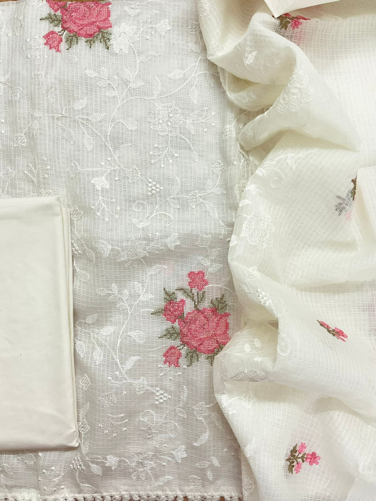 Soft Kota Silk Embroidered Suit - Cream