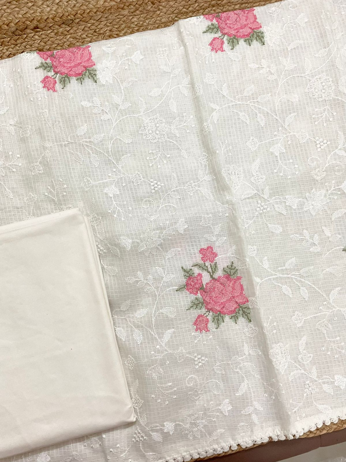 Soft Kota Silk Embroidered Suit - Cream