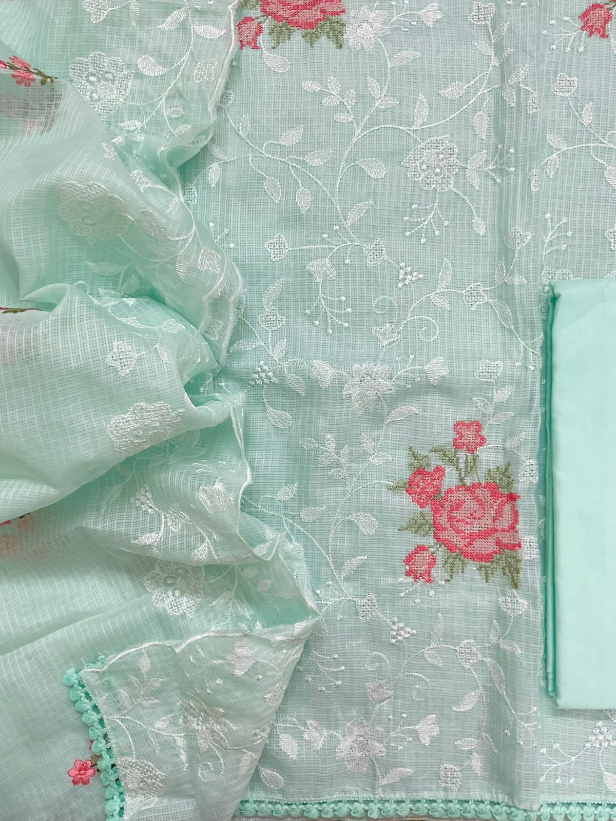 Soft Kota Silk Embroidered Suit - Green