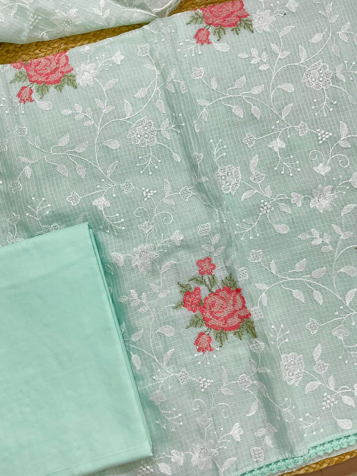 Soft Kota Silk Embroidered Suit - Green