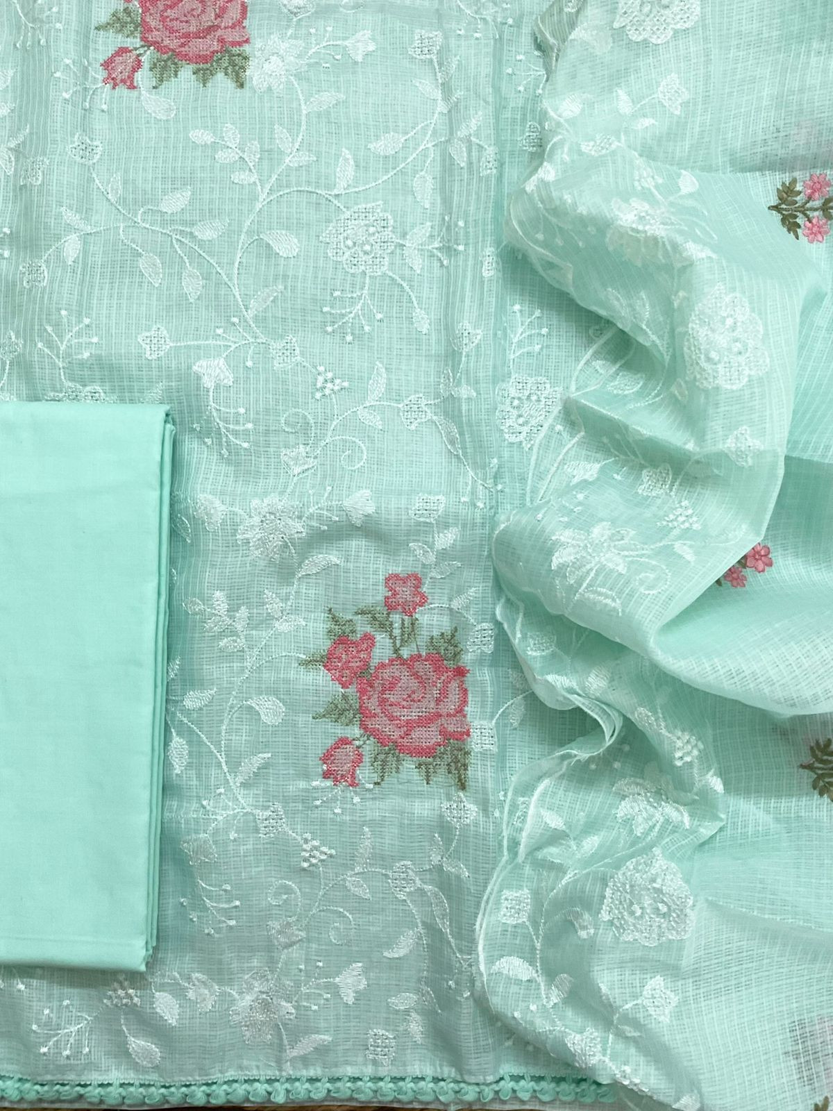 Soft Kota Silk Embroidered Suit - Green