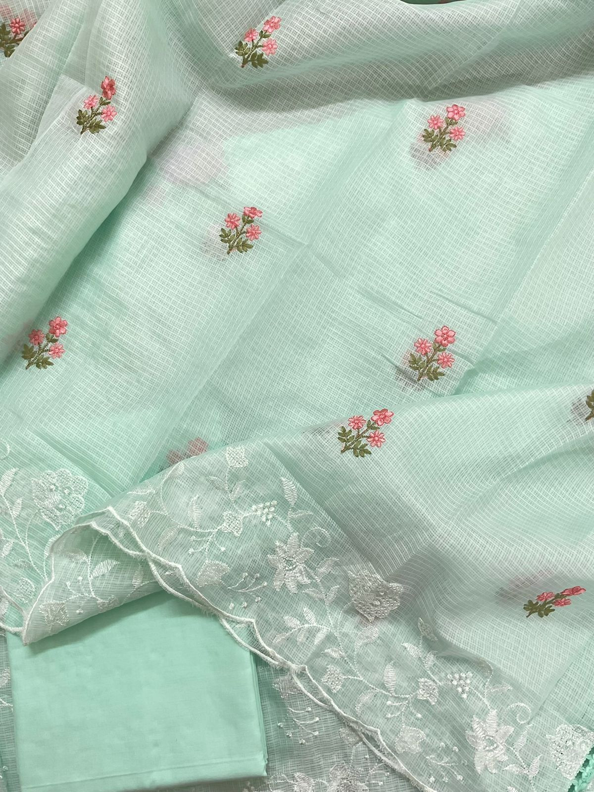 Soft Kota Silk Embroidered Suit - Green
