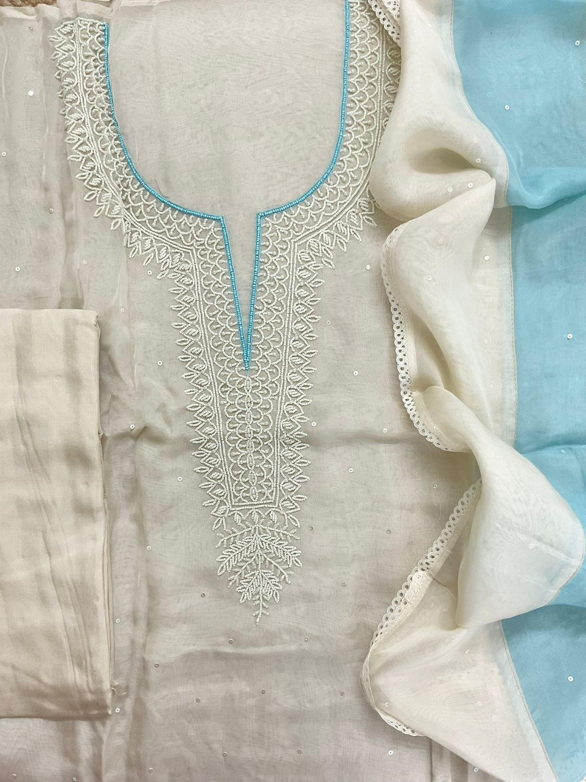 Soft Fine Organza Embroidered Suit - Off White