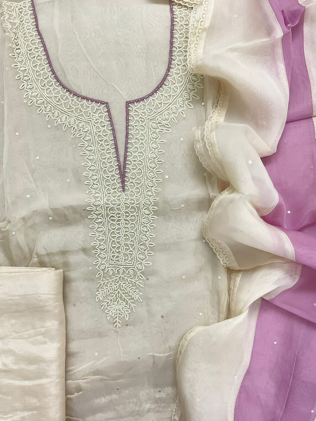 Soft Fine Organza Embroidered Suit - Off White
