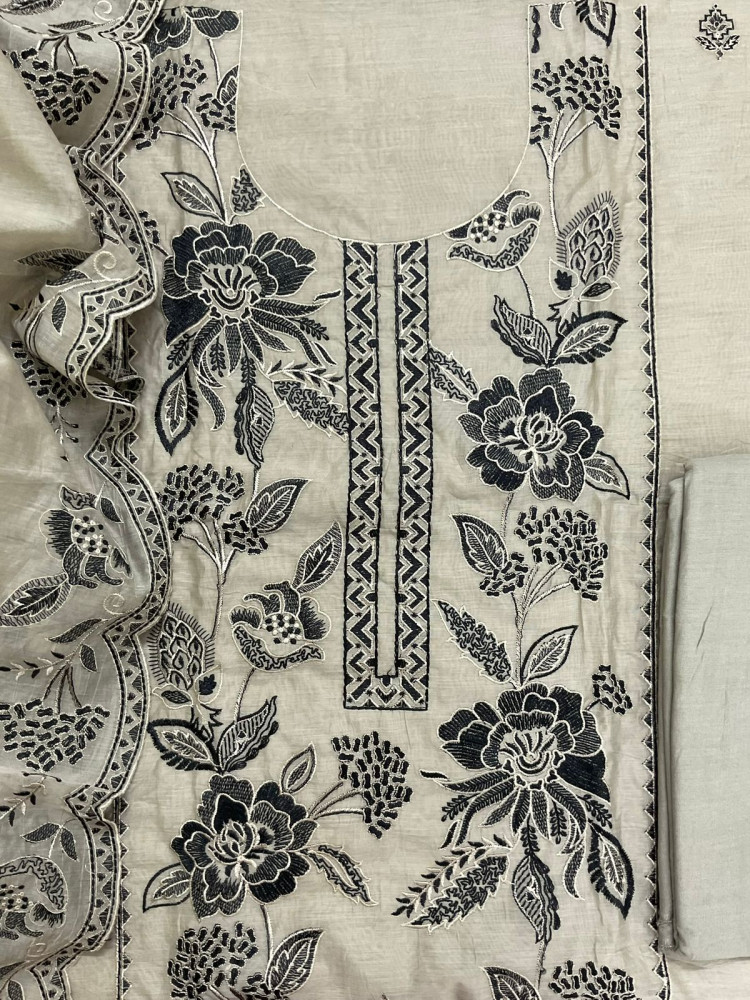Image of Soft Chanderi Embroidered Suit - Beigish Grey