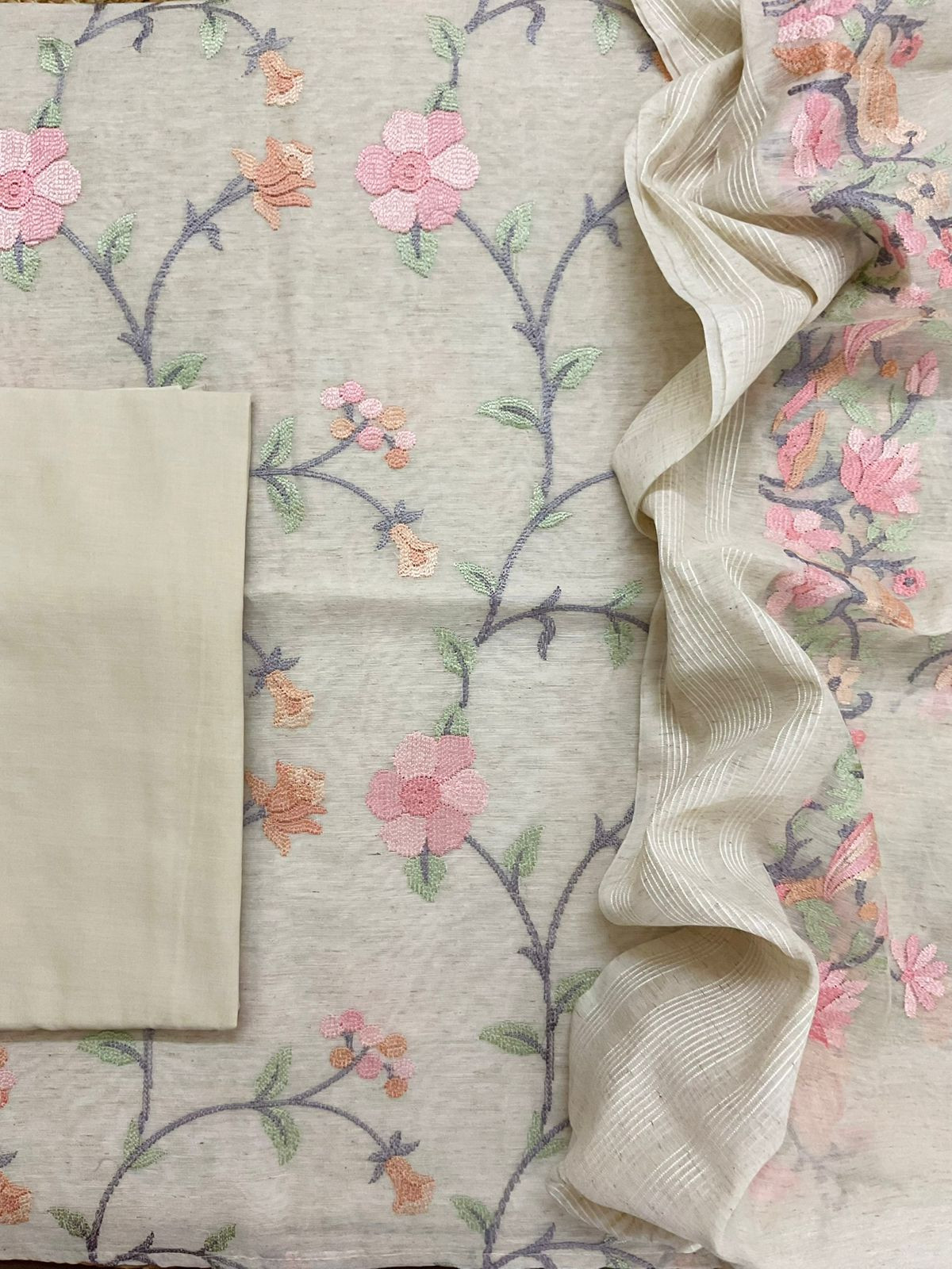 Pure Slub Chanderi Embroidered Suit - Cream