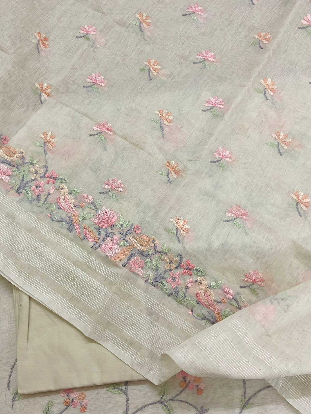 Pure Slub Chanderi Embroidered Suit - Cream