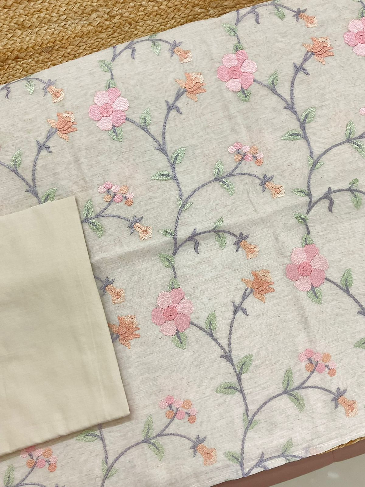 Pure Slub Chanderi Embroidered Suit - Cream