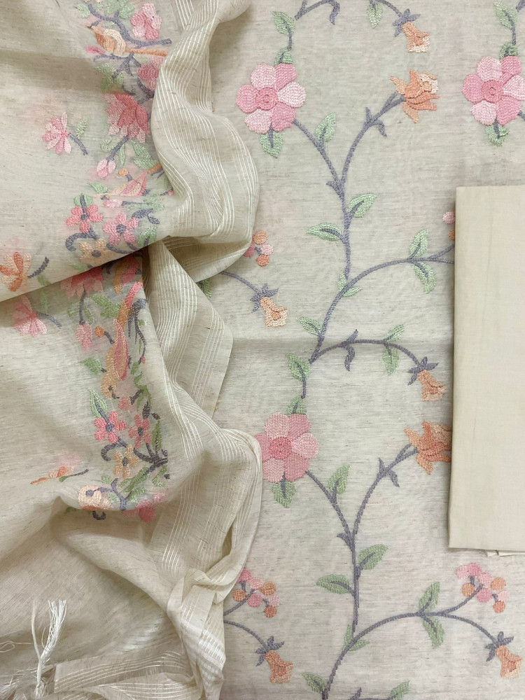 Image of Pure Slub Chanderi Embroidered Suit - Cream
