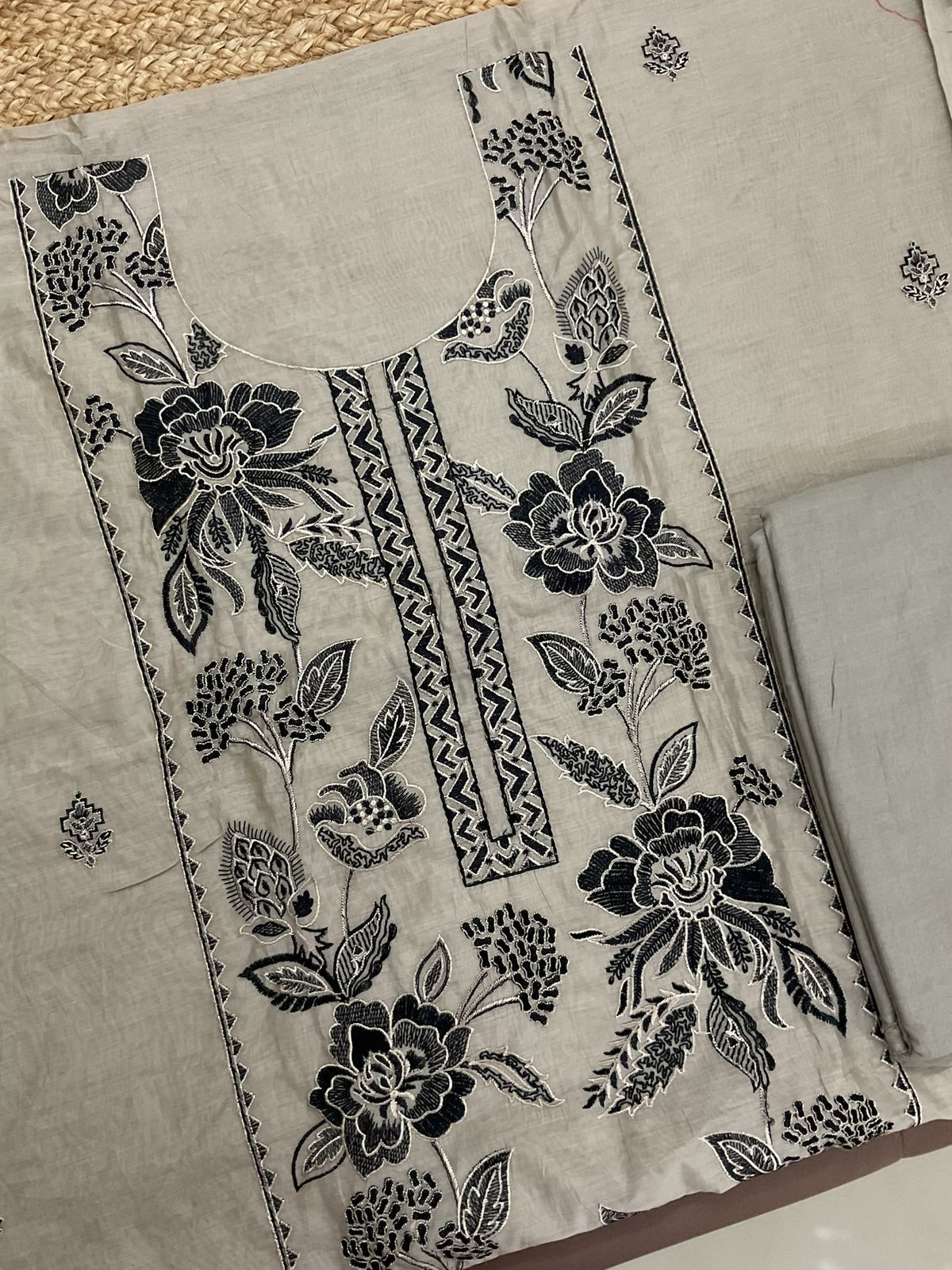 Soft Chanderi Embroidered Suit - Beigish Grey