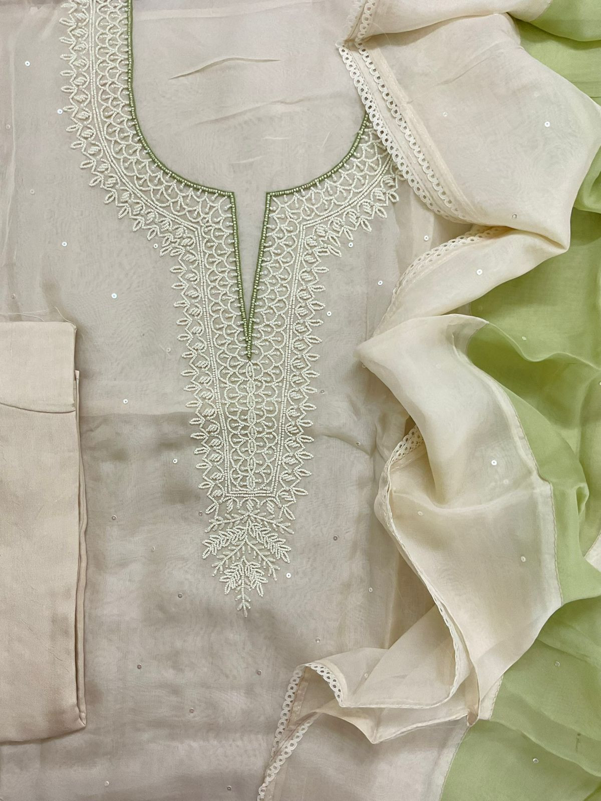 Soft Fine Organza Embroidered Suit - Off White
