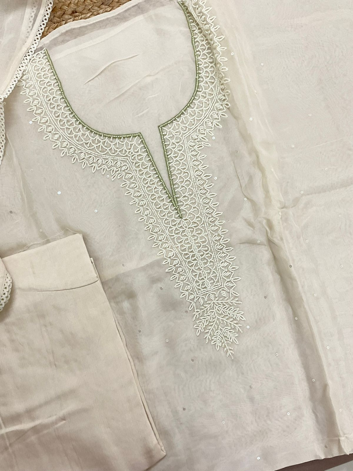 Soft Fine Organza Embroidered Suit - Off White