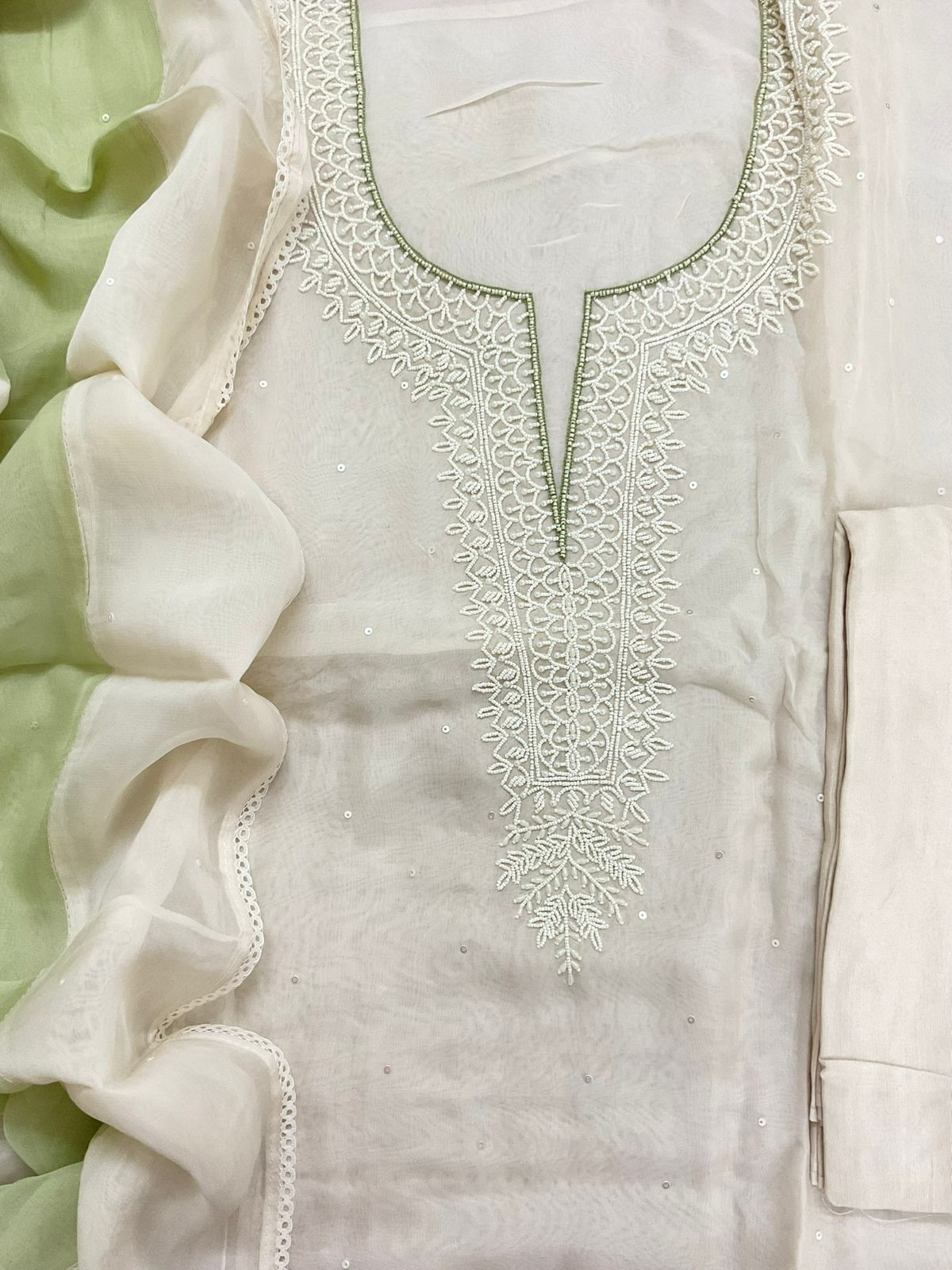 Soft Fine Organza Embroidered Suit - Off White