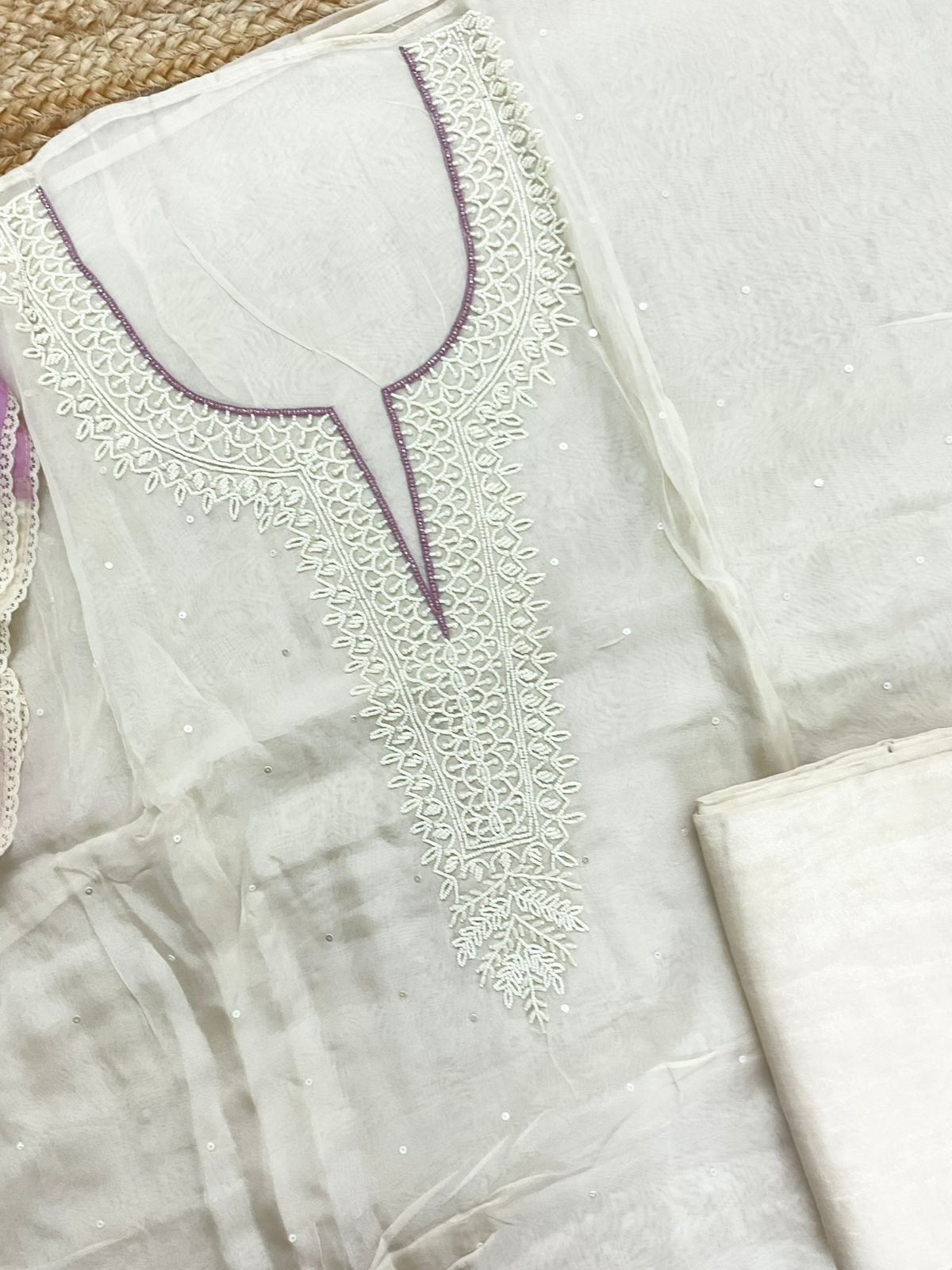 Soft Fine Organza Embroidered Suit - Off White