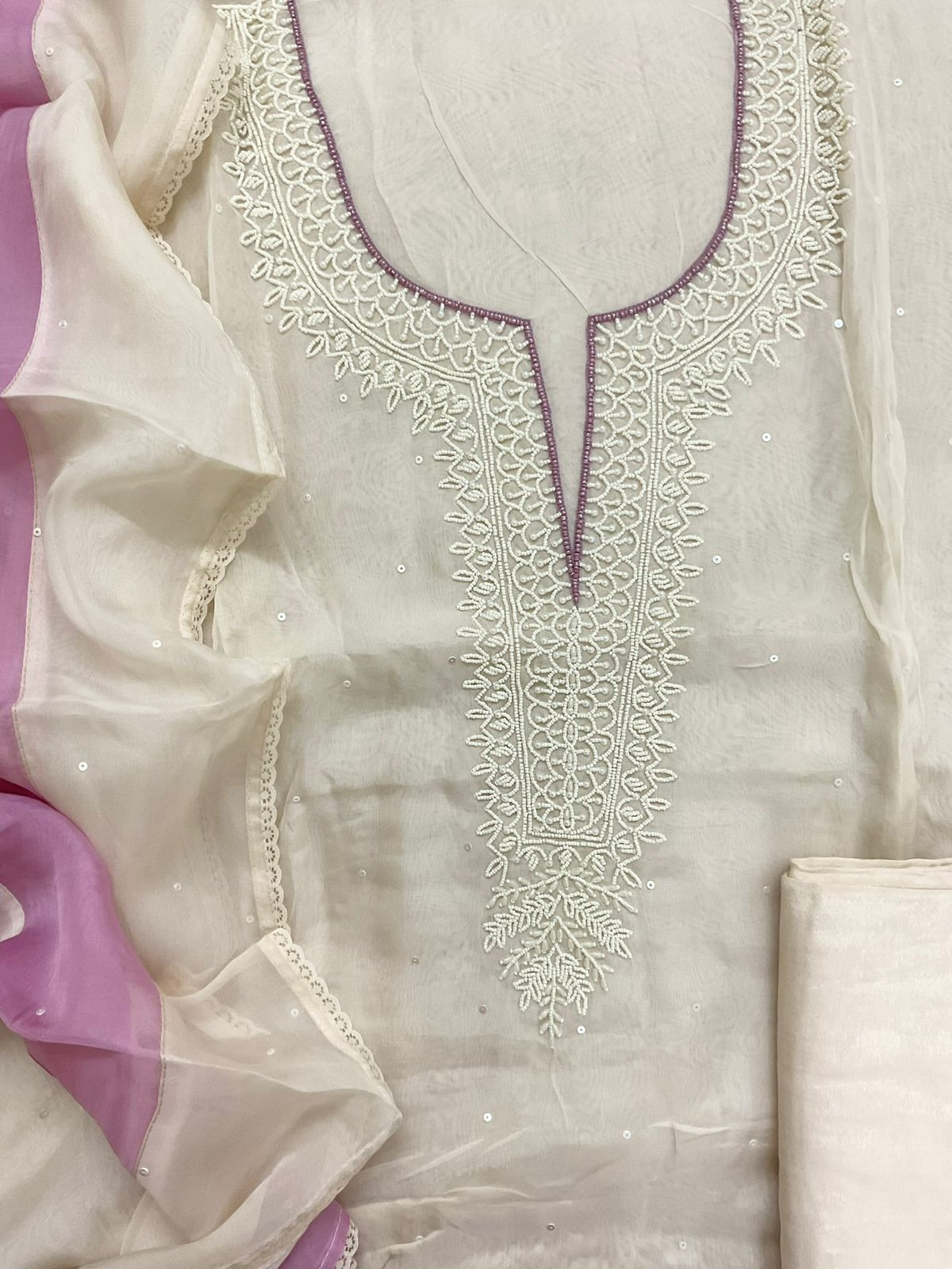 Soft Fine Organza Embroidered Suit - Off White