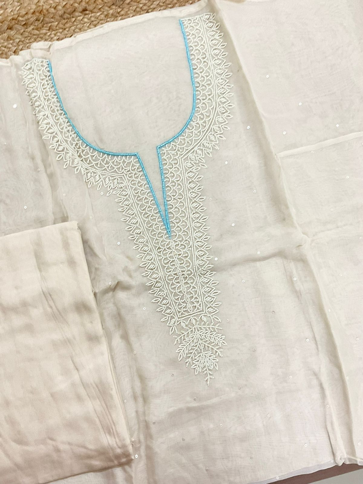Soft Fine Organza Embroidered Suit - Off White