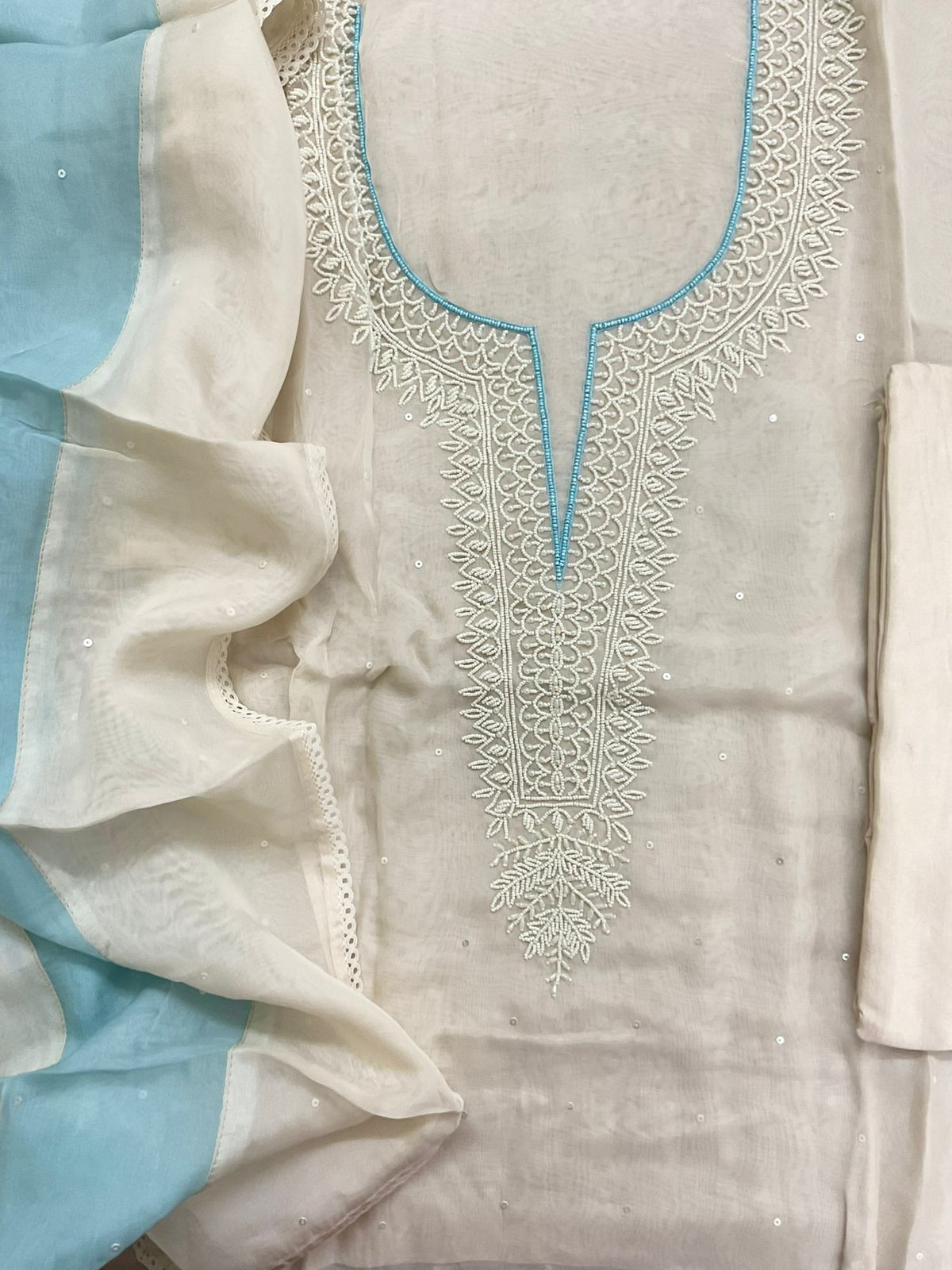 Soft Fine Organza Embroidered Suit - Off White