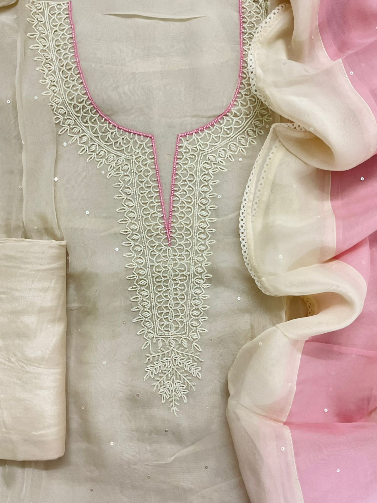 Soft Fine Organza Embroidered Suit - Off White