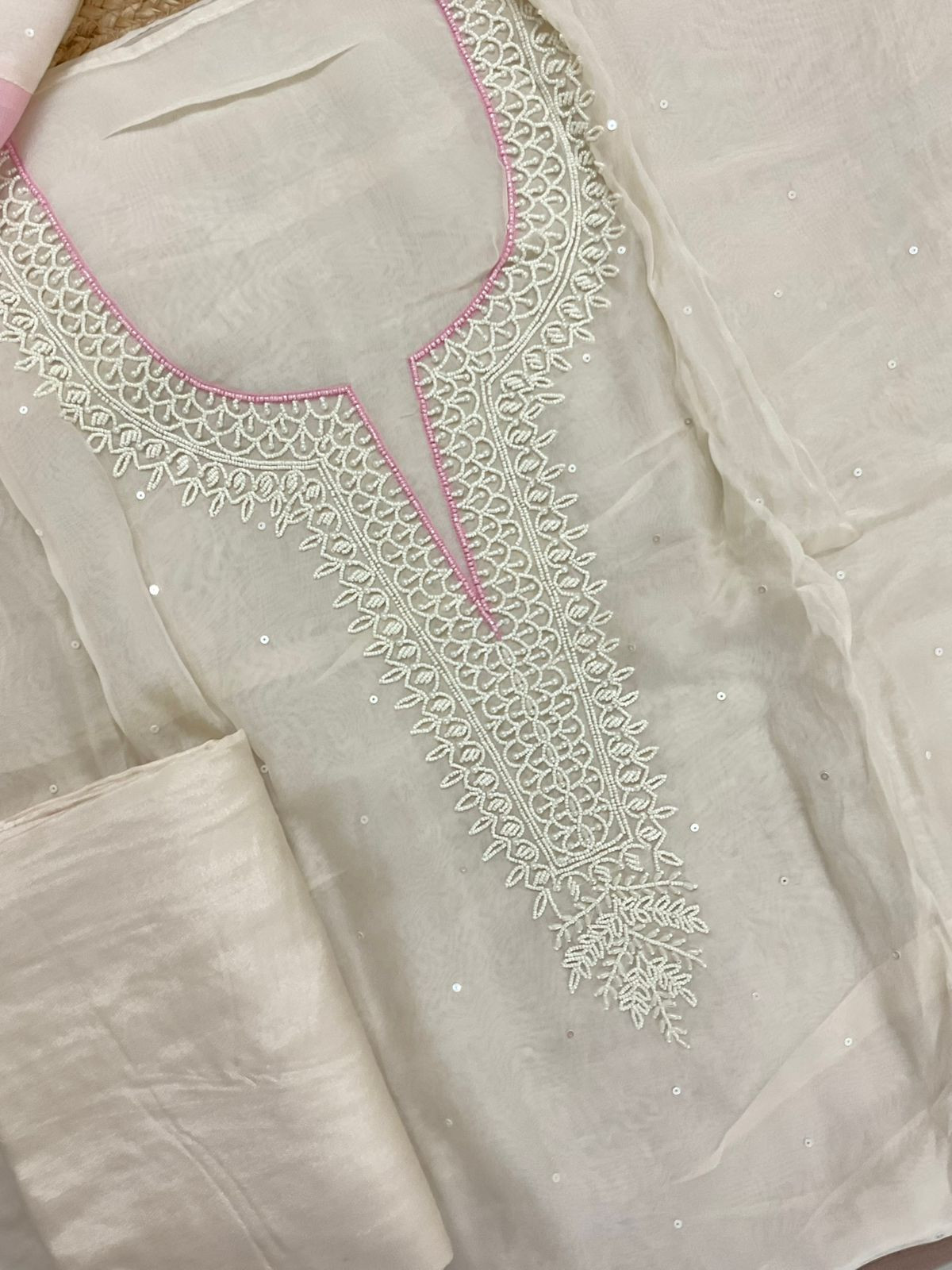 Soft Fine Organza Embroidered Suit - Off White