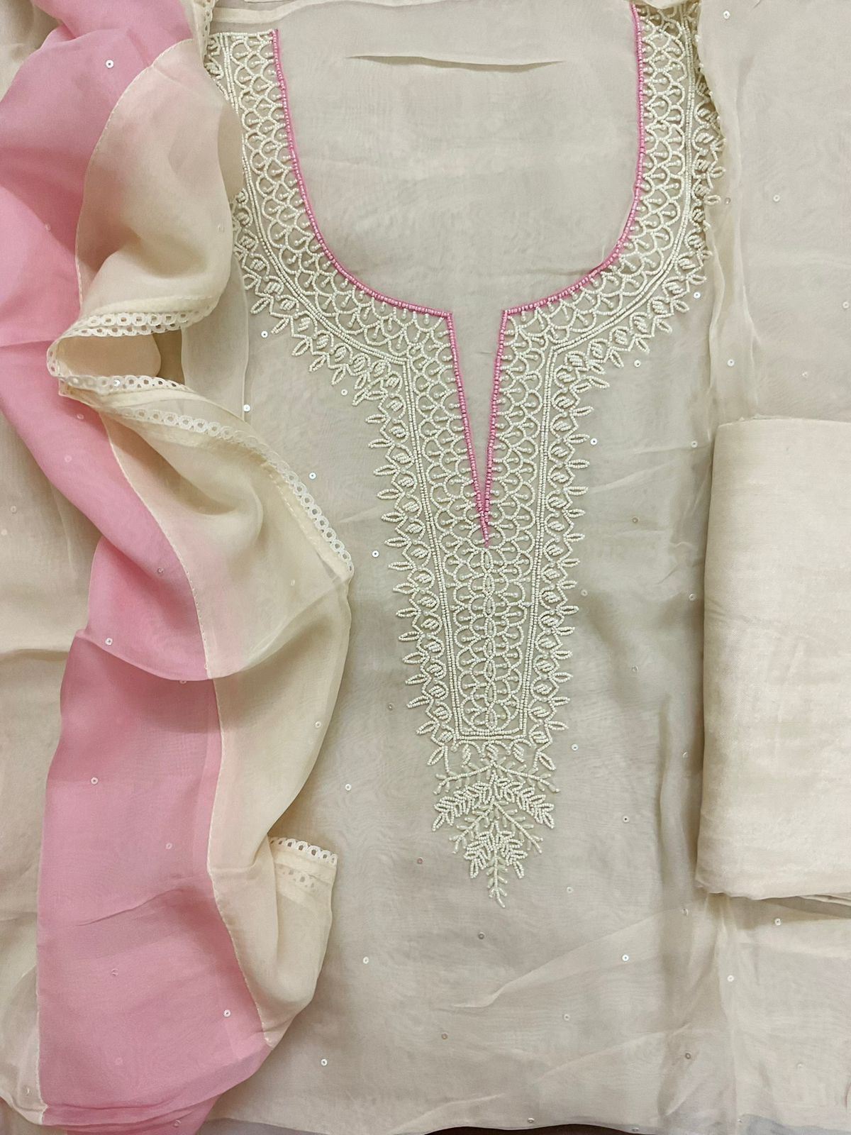 Soft Fine Organza Embroidered Suit - Off White