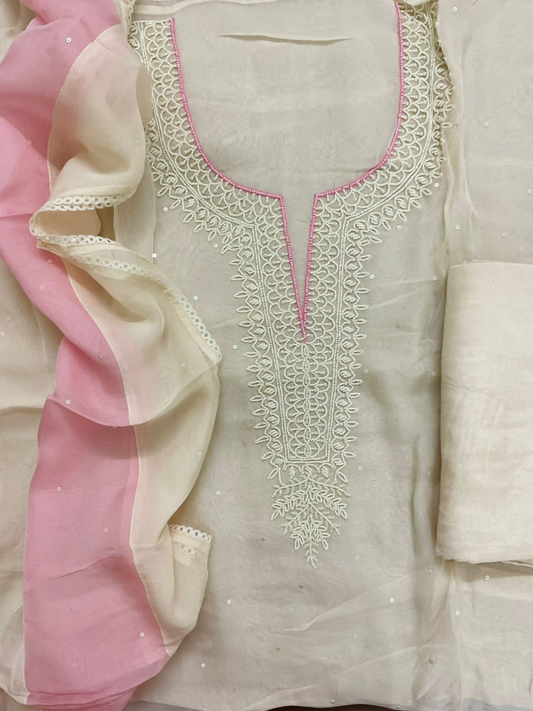 Image of Soft Fine Organza Embroidered Suit - Off White