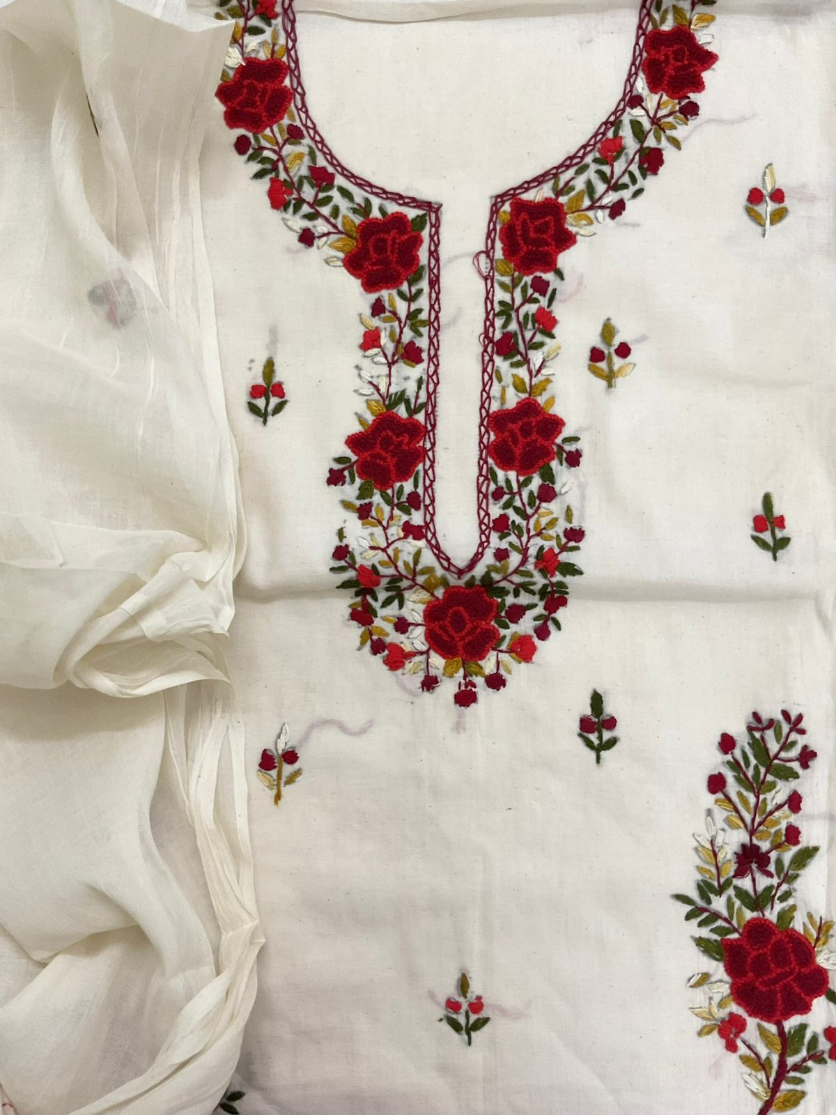 Pure Cotton Embroidered Suit - Off White