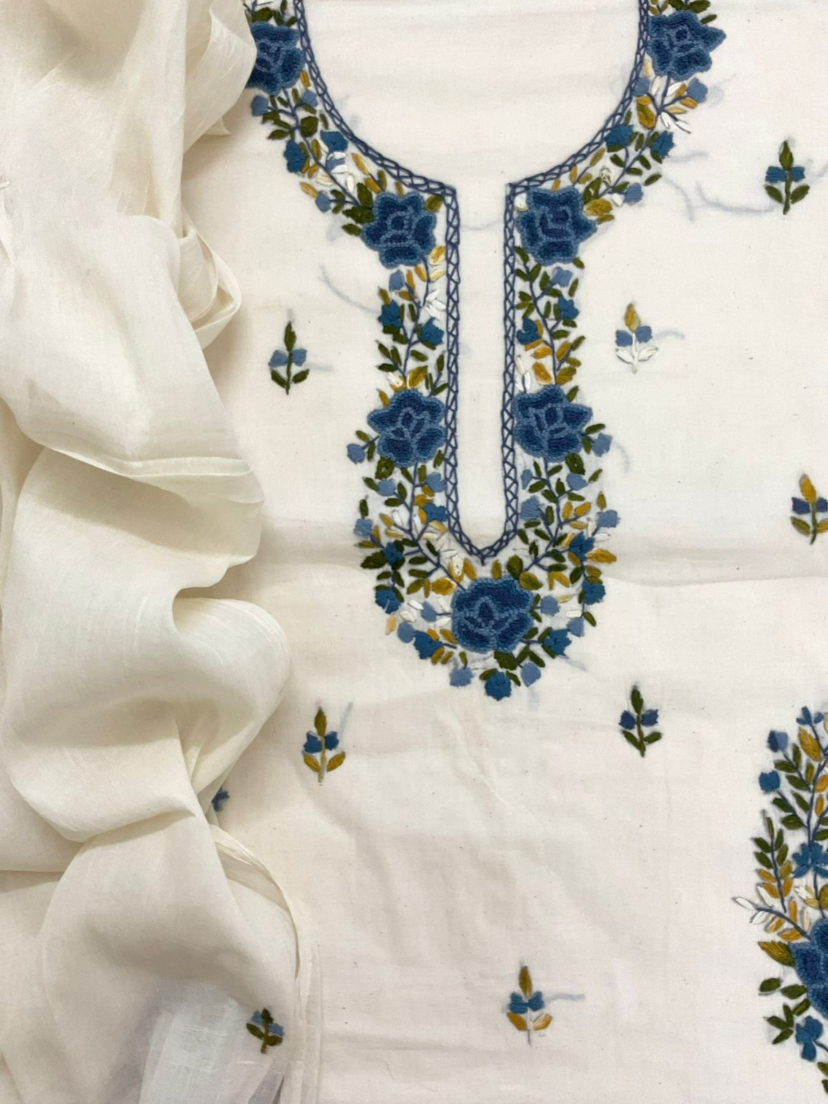 Pure Cotton Embroidered Suit - Off White