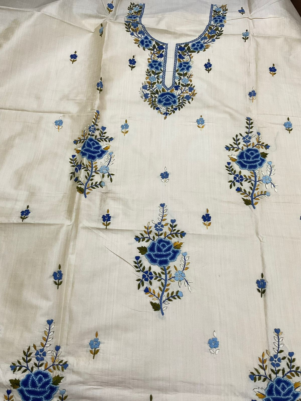 Soft Fine Tussar Embroidered Only Kurta Fabric - Beige