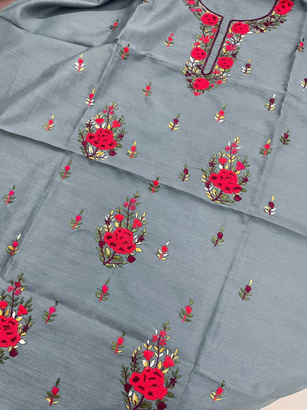 Soft Fine Tussar Embroidered Only Kurta Fabric - Grey