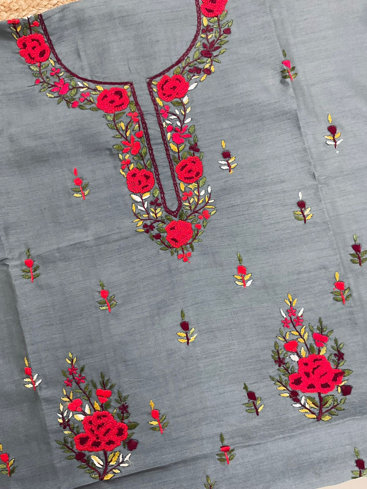Soft Fine Tussar Embroidered Only Kurta Fabric - Grey