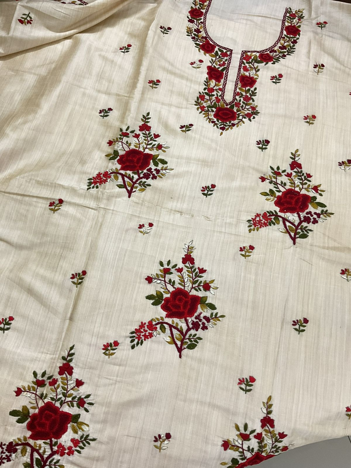 Soft Fine Tussar Embroidered Only Kurta Fabric - Beige