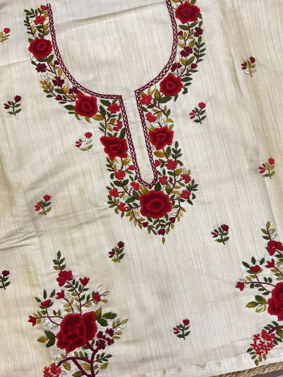 Soft Fine Tussar Embroidered Only Kurta Fabric - Beige