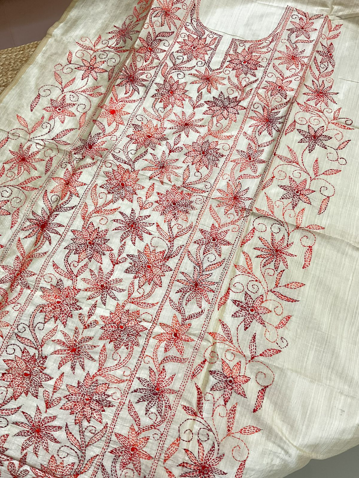 Soft Fine Tussar Embroidered Only Kurta Fabric - Beige