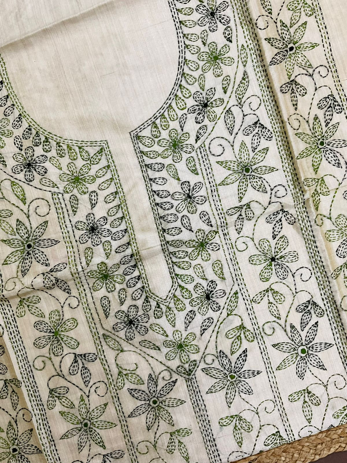 Soft Fine Tussar Embroidered Only Kurta Fabric - Beige