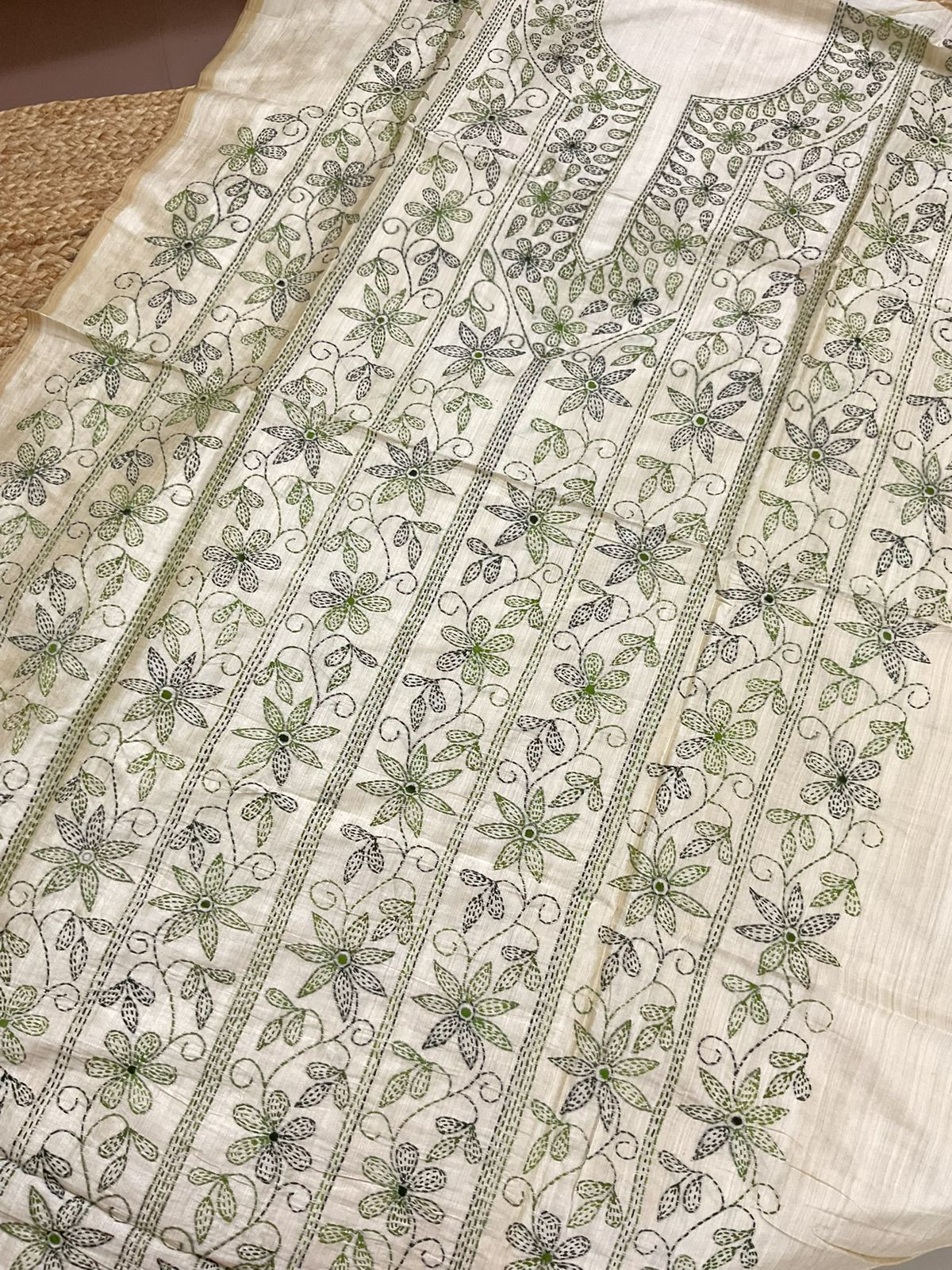 Soft Fine Tussar Embroidered Only Kurta Fabric - Beige