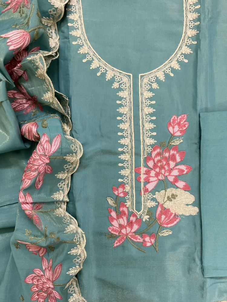 Image of Soft Tissue Chanderi Embroidered Suit - Blue