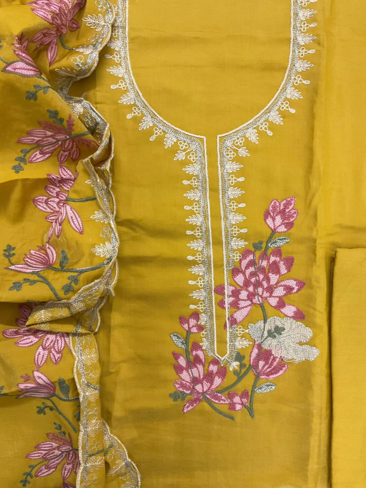 Image of Soft Tissue Chanderi Embroidered Suit - Yellow