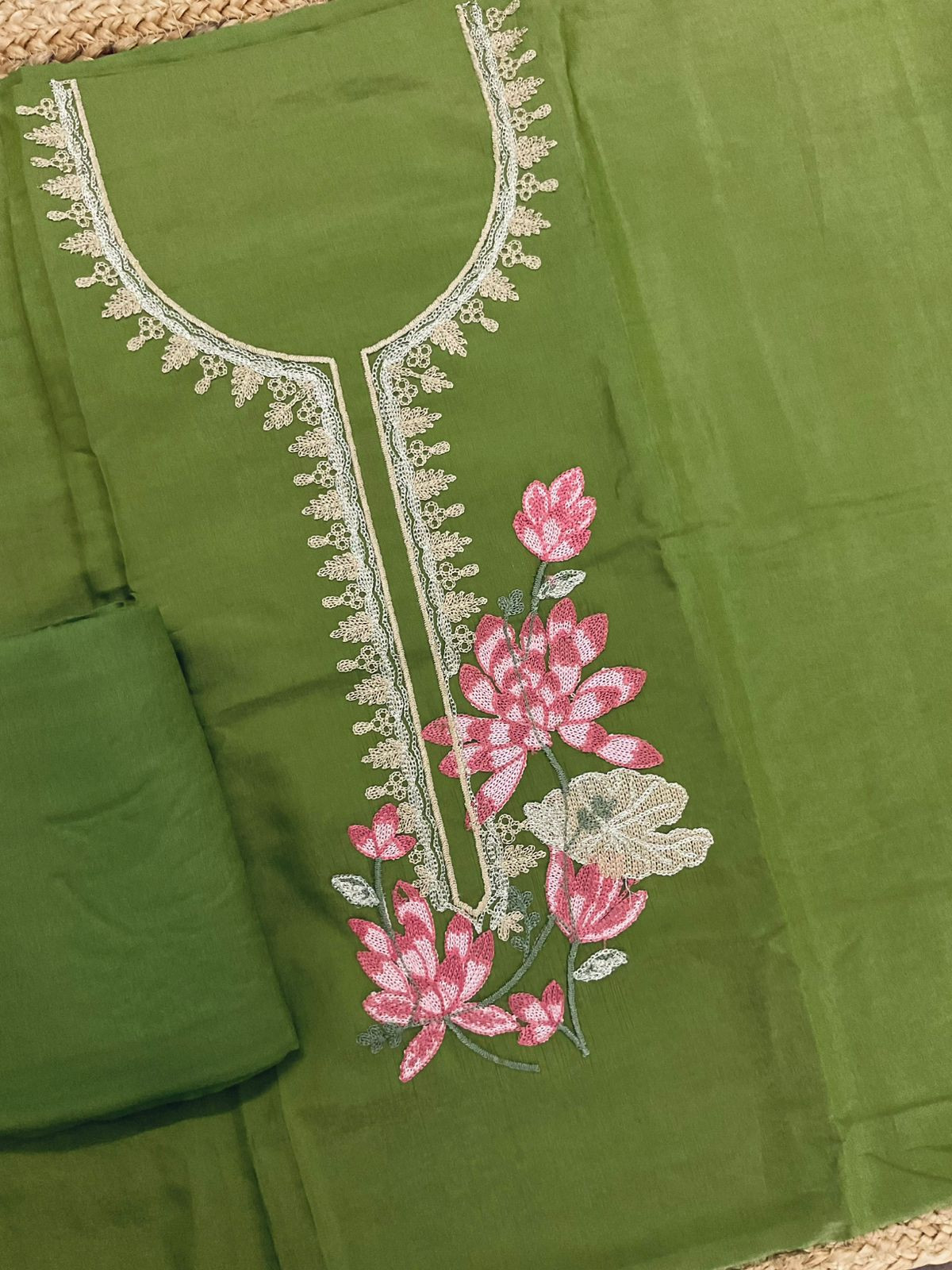 Soft Tissue Chanderi Embroidered Suit - Green