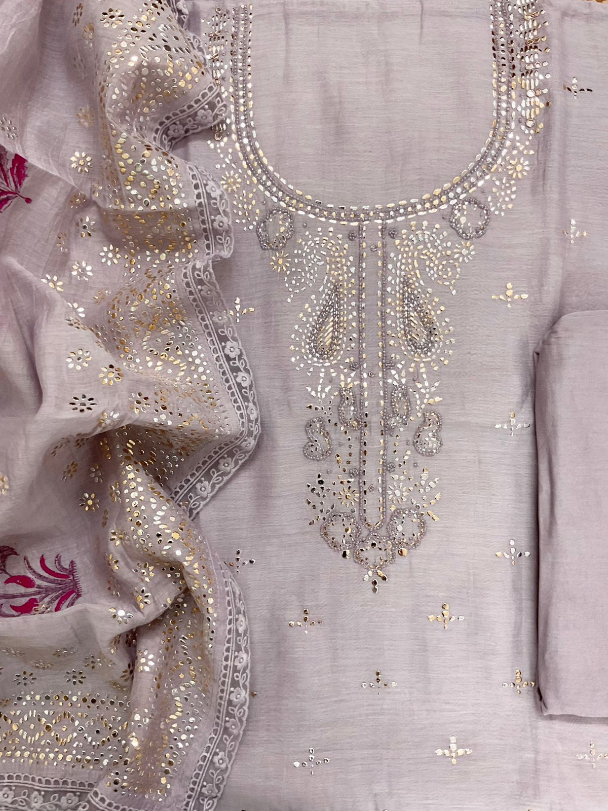 Pure Mul Chanderi Printed Embroidered Suit - Lavender