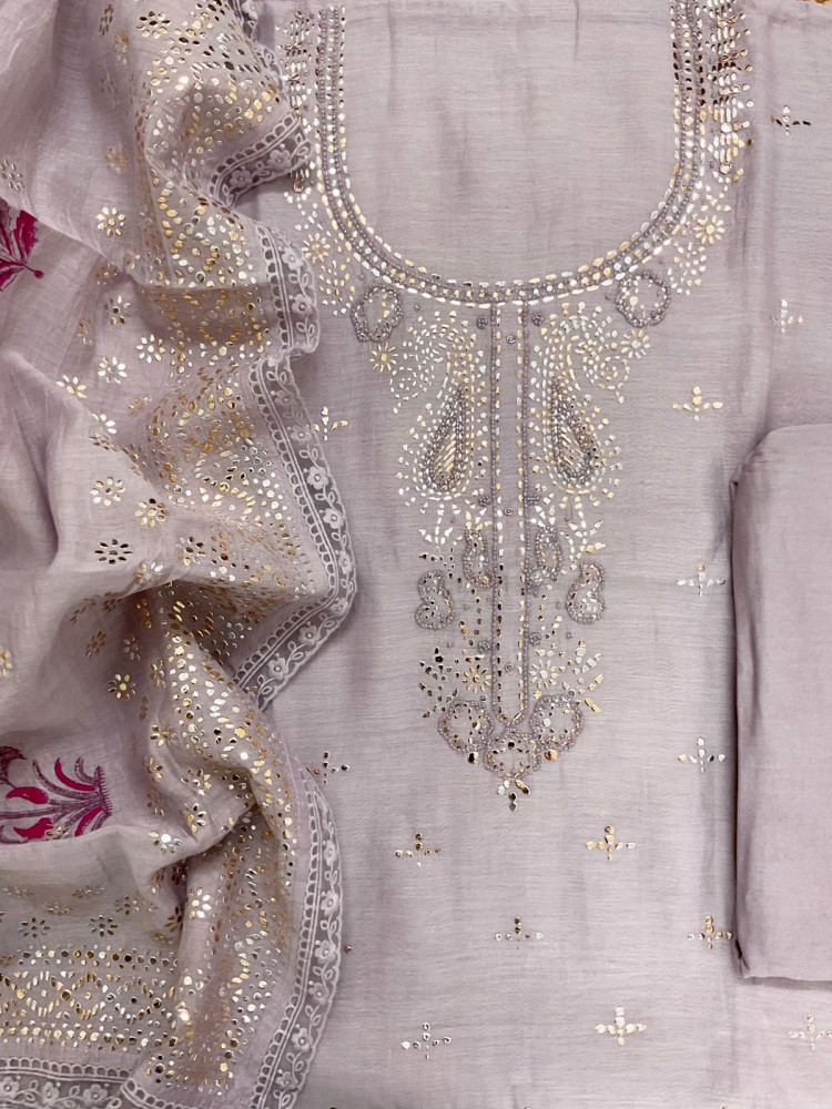 Image of Pure Mul Chanderi Printed Embroidered Suit - Lavender
