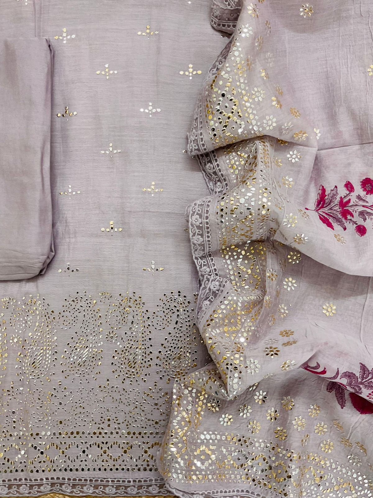 Pure Mul Chanderi Printed Embroidered Suit - Lavender