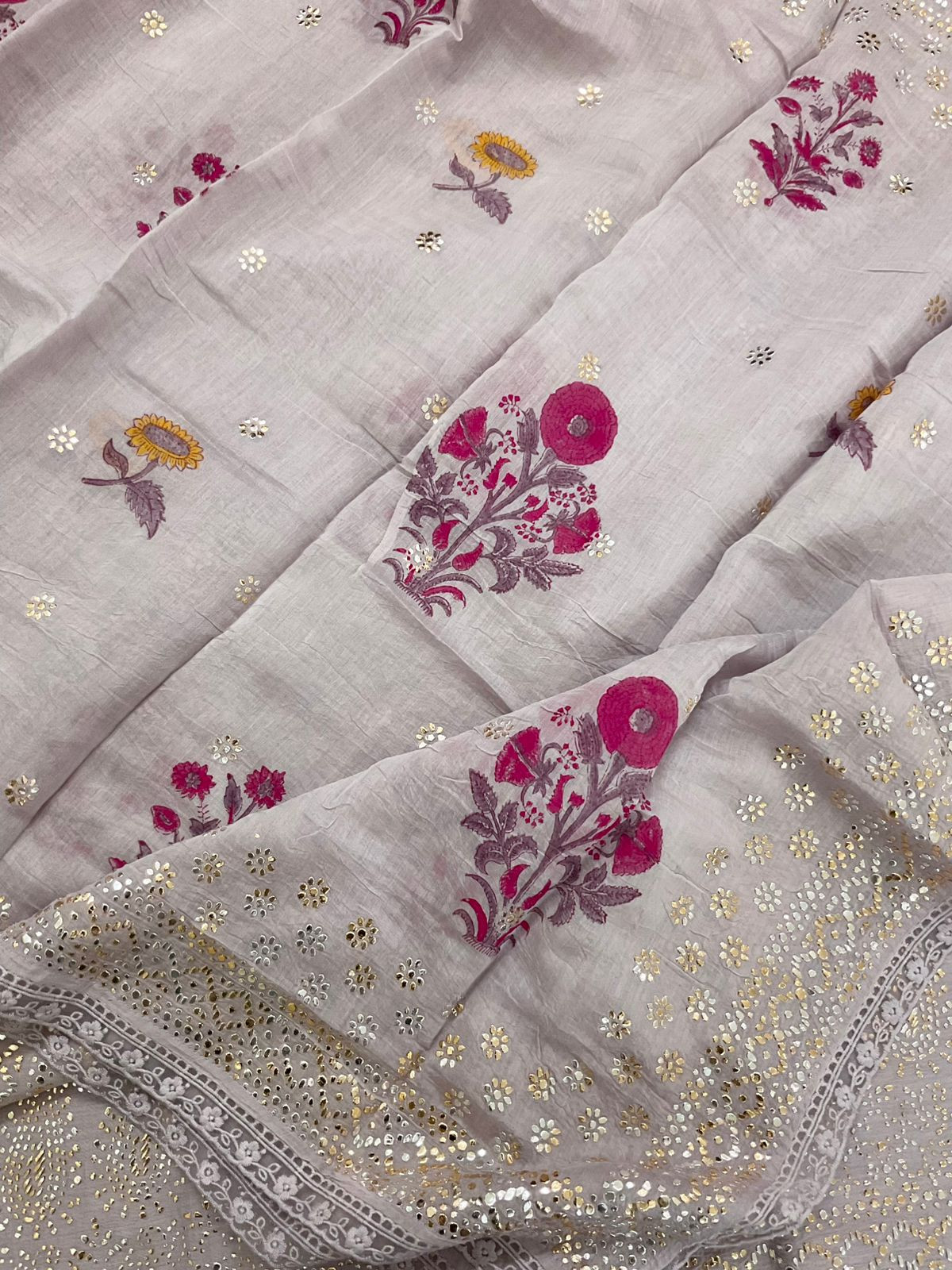 Pure Mul Chanderi Printed Embroidered Suit - Lavender