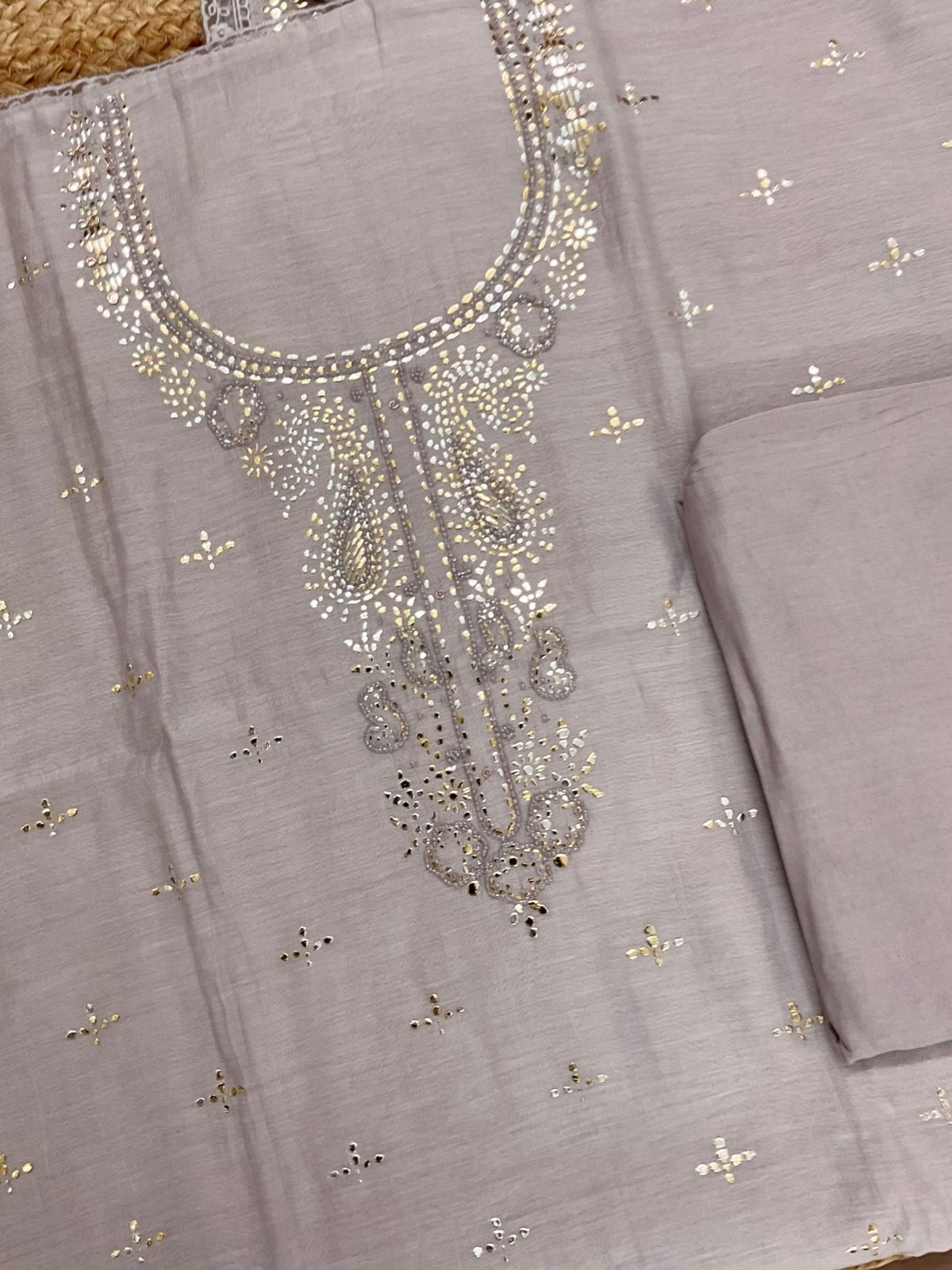 Pure Mul Chanderi Printed Embroidered Suit - Lavender