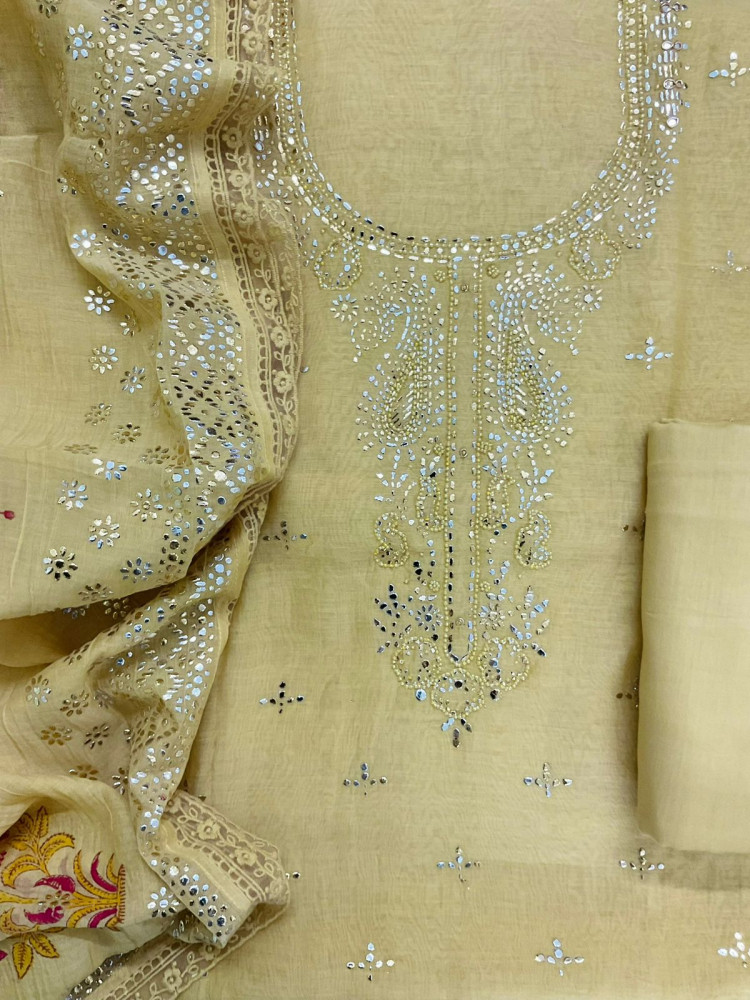 Image of Pure Mul Chanderi Printed Embroidered Suit - Yellow