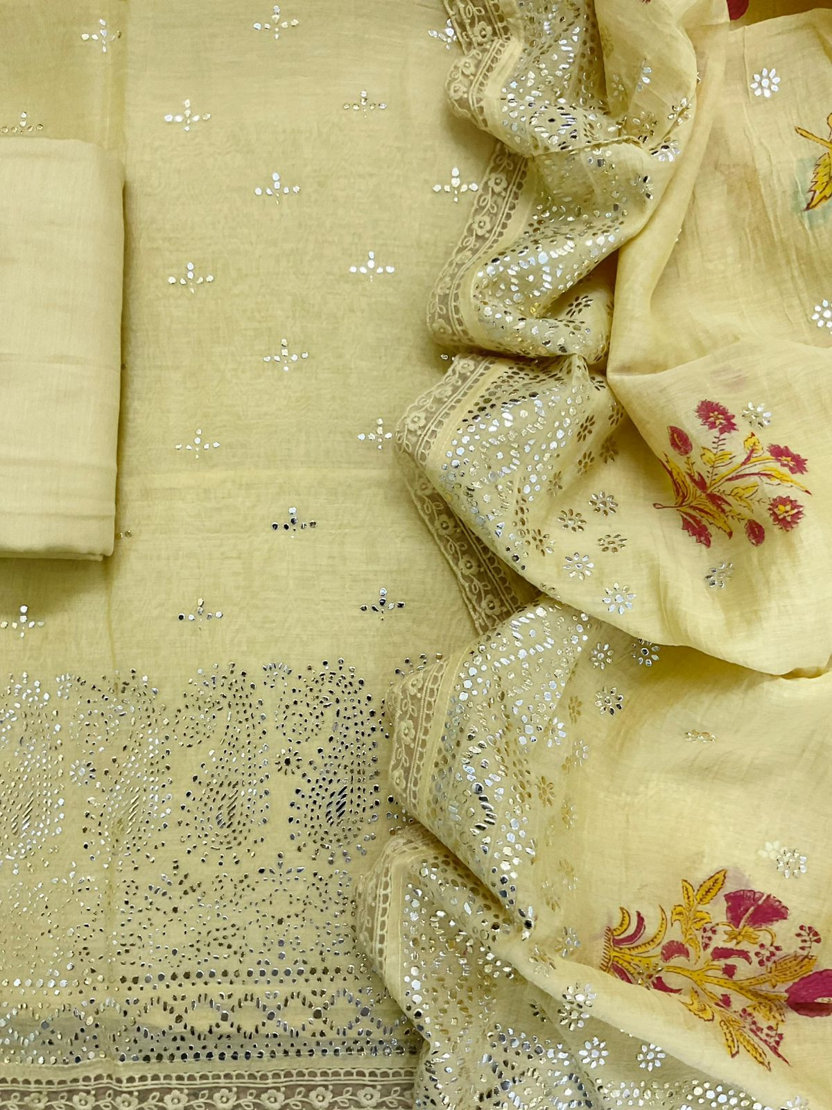 Pure Mul Chanderi Printed Embroidered Suit - Yellow