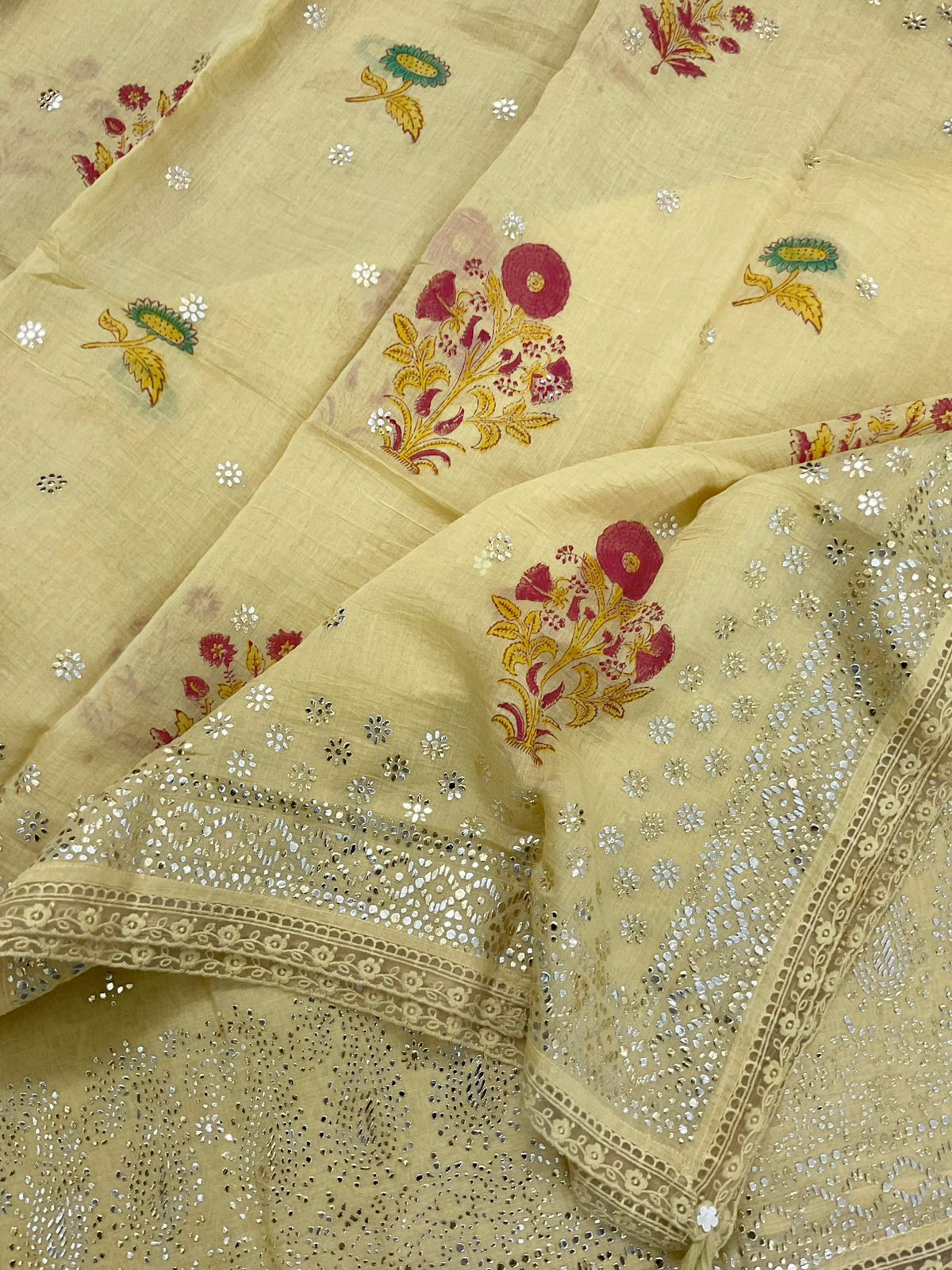 Pure Mul Chanderi Printed Embroidered Suit - Yellow