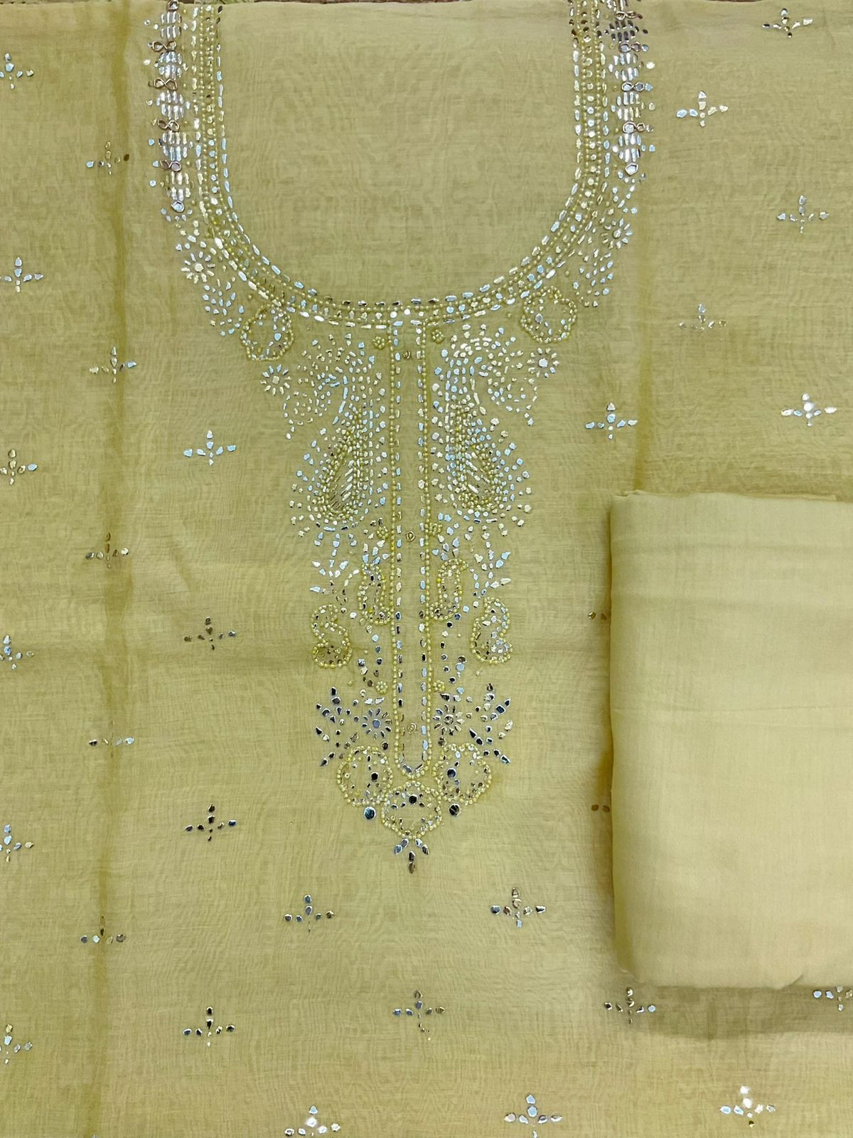 Pure Mul Chanderi Printed Embroidered Suit - Yellow