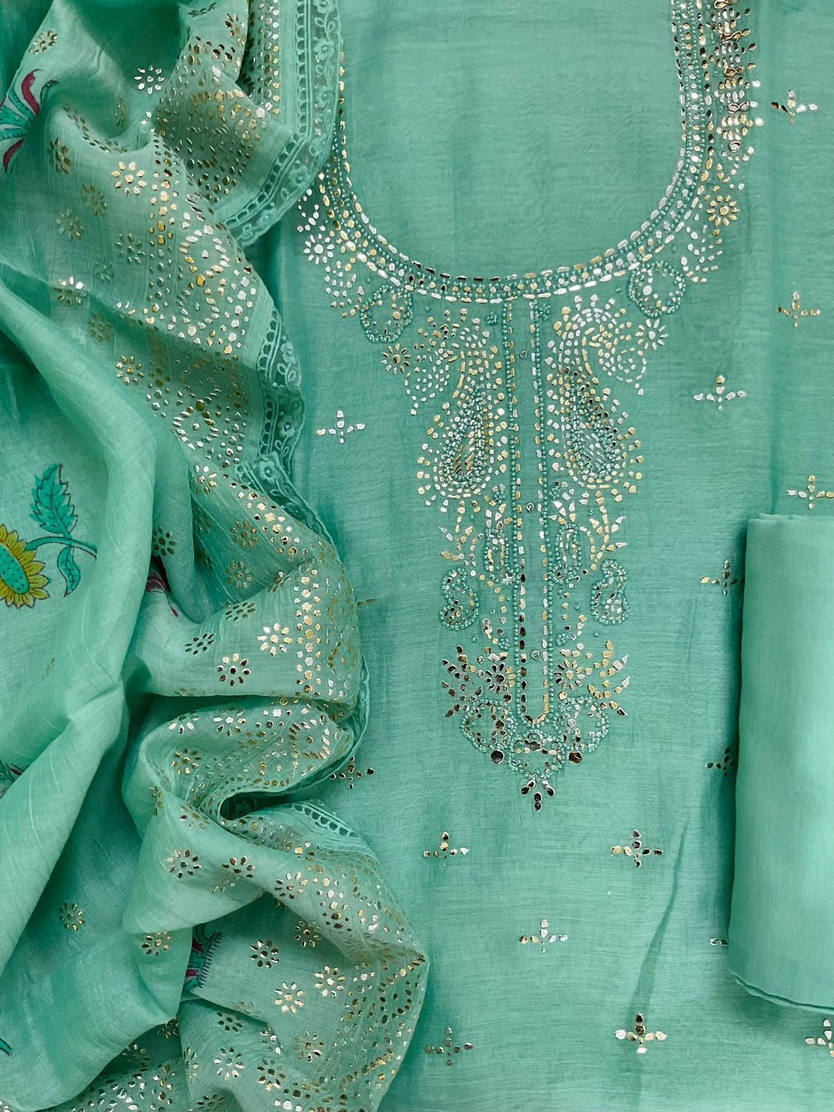 Pure Mul Chanderi Printed Embroidered Suit - Sea Green