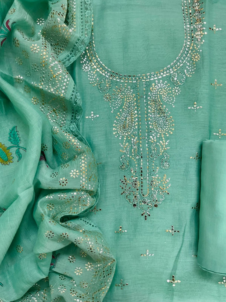 Image of Pure Mul Chanderi Printed Embroidered Suit - Sea Green